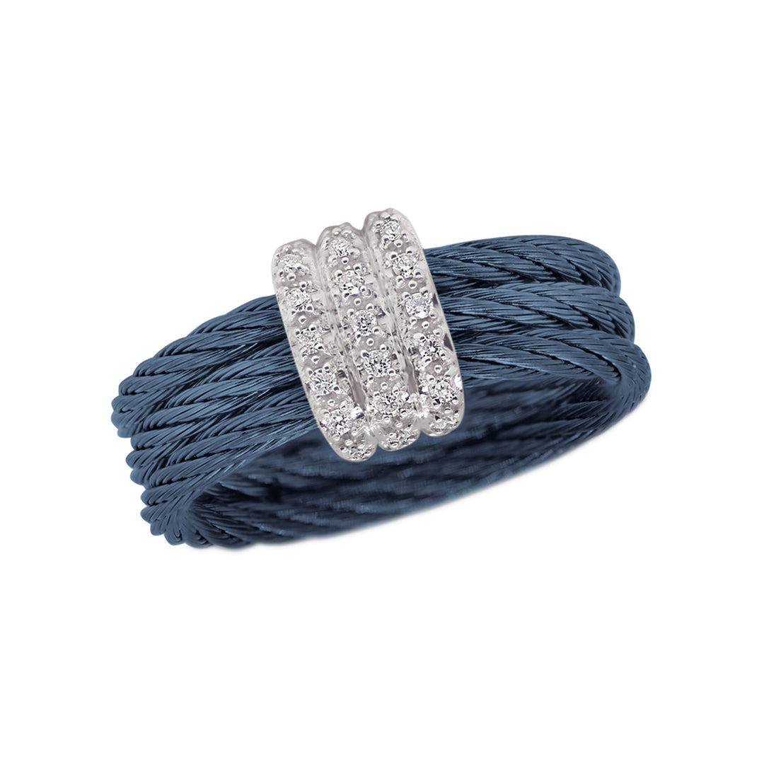 Blueberry Cable 3-Row Ring with 18kt Gold & Diamonds
Stainless steel cable, 18 karat White Gold, 0.11 total carat weight of diamonds