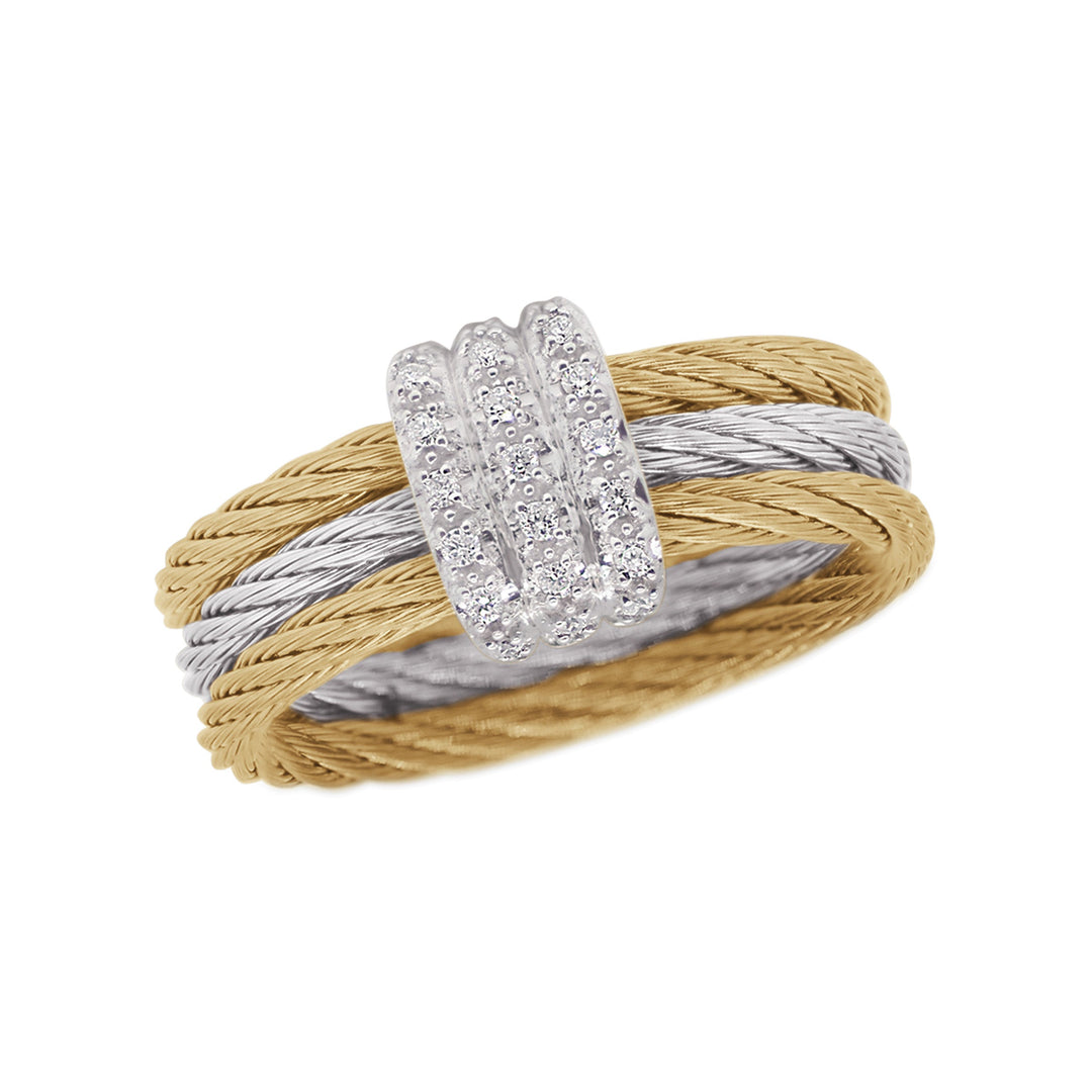 Cable 3-Row Ring with 18kt Gold & Diamonds
Grey and Yellow Stainless steel cable, 18 karat White Gold, 0.11 total carat weight of diamonds