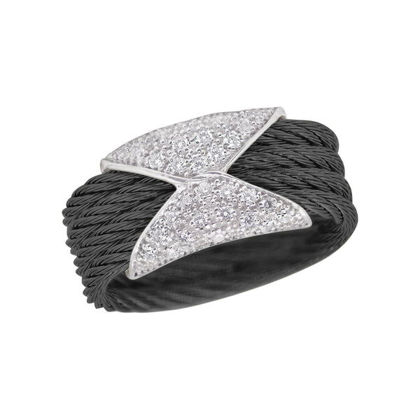 Stainless steel cable, 18 karat White Gold with 0.16 total carat weight of diamonds. Imported.