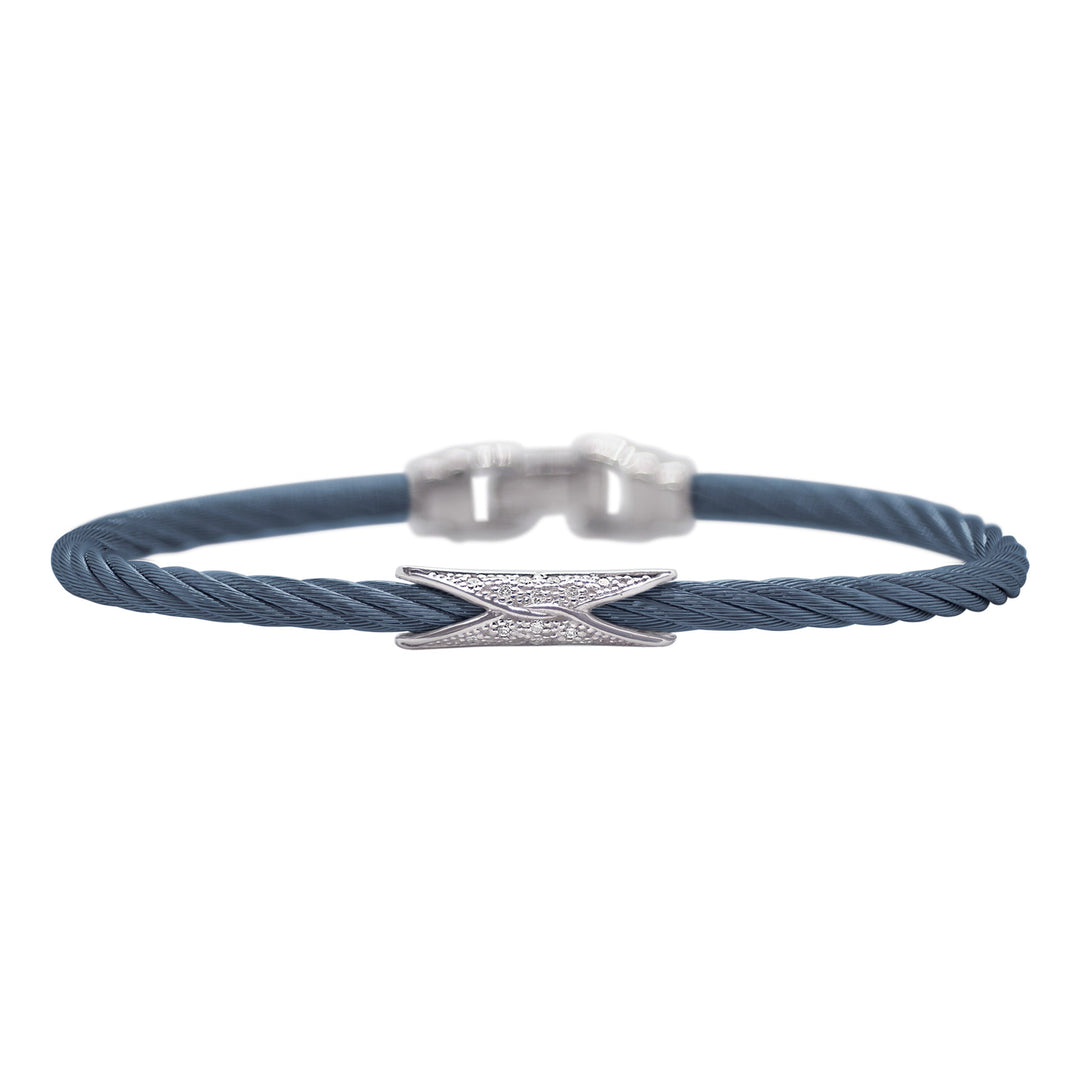 Blueberry Cable Slim 3mm Hourglass Bracelet with 18kt Gold & Diamonds
Cable, 18 karat White Gold, 0.07 total carat weight Diamonds and stainless steel. Pull back clasp.