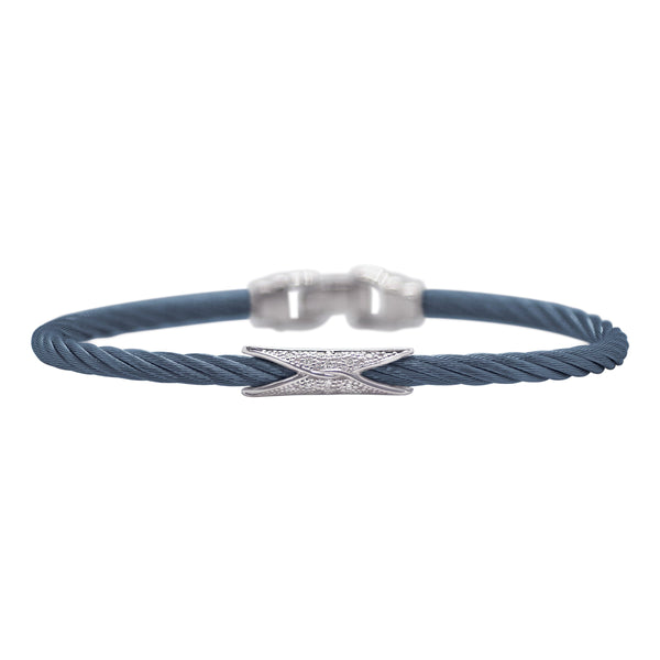 Blueberry Cable Slim 3mm Hourglass Bracelet with 18kt Gold & Diamonds
Cable, 18 karat White Gold, 0.07 total carat weight Diamonds and stainless steel. Pull back clasp.