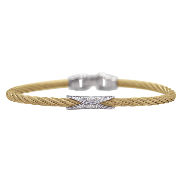 Yellow Cable Slim 3mm Hourglass Bracelet with 18kt Gold & Diamonds
Cable, 18 karat White Gold, 0.07 total carat weight Diamonds and stainless steel. Pull back clasp.