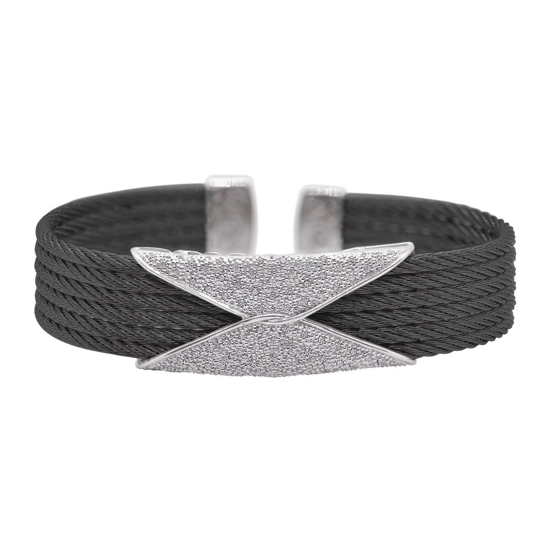 Black ALOR Cable 6-Row Hourglass Bracelet with 18kt Gold & Diamonds Cable, 18 karat White Gold, 0.42 total carat weight Diamonds and stainless steel. Pull back clasp.