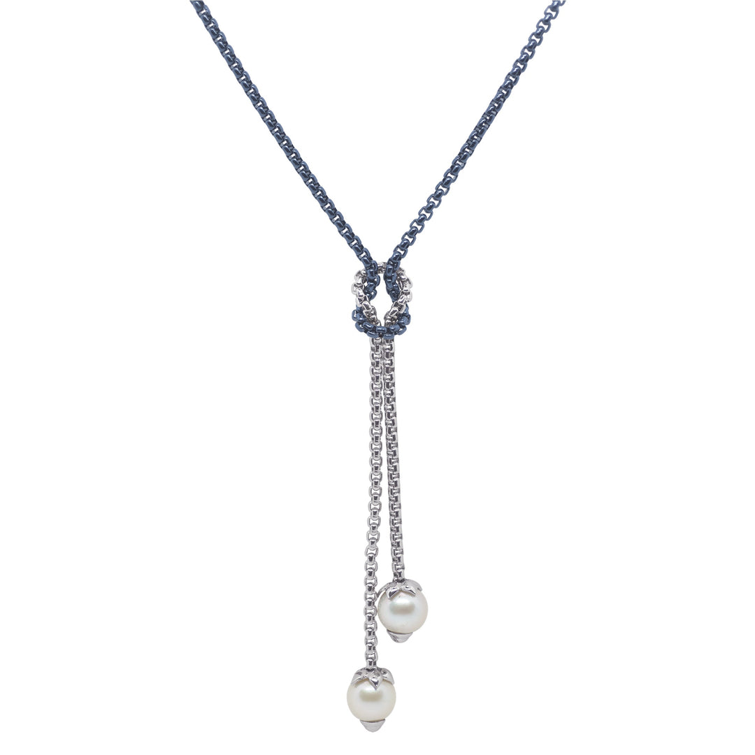 Blueberry and grey stainless steel chain, 8mm White Fresh Water Pearls and stainless steel. Necklace length 15.5" plus 2" extension.