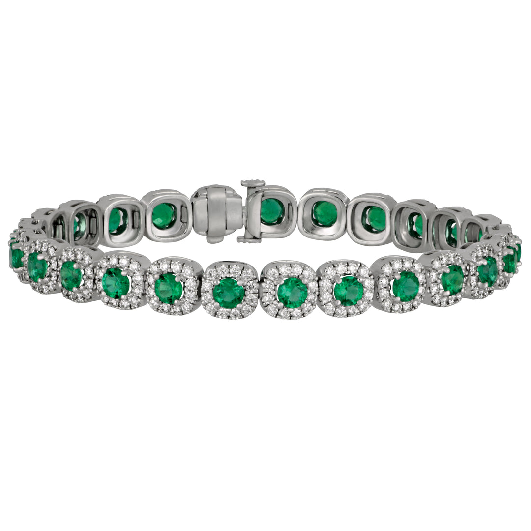 18k White Gold 7" Emerald with Diamond Halo Bracelet, 25Em=4.89tw, Dias=3.80tw GH/SI1-VS2
