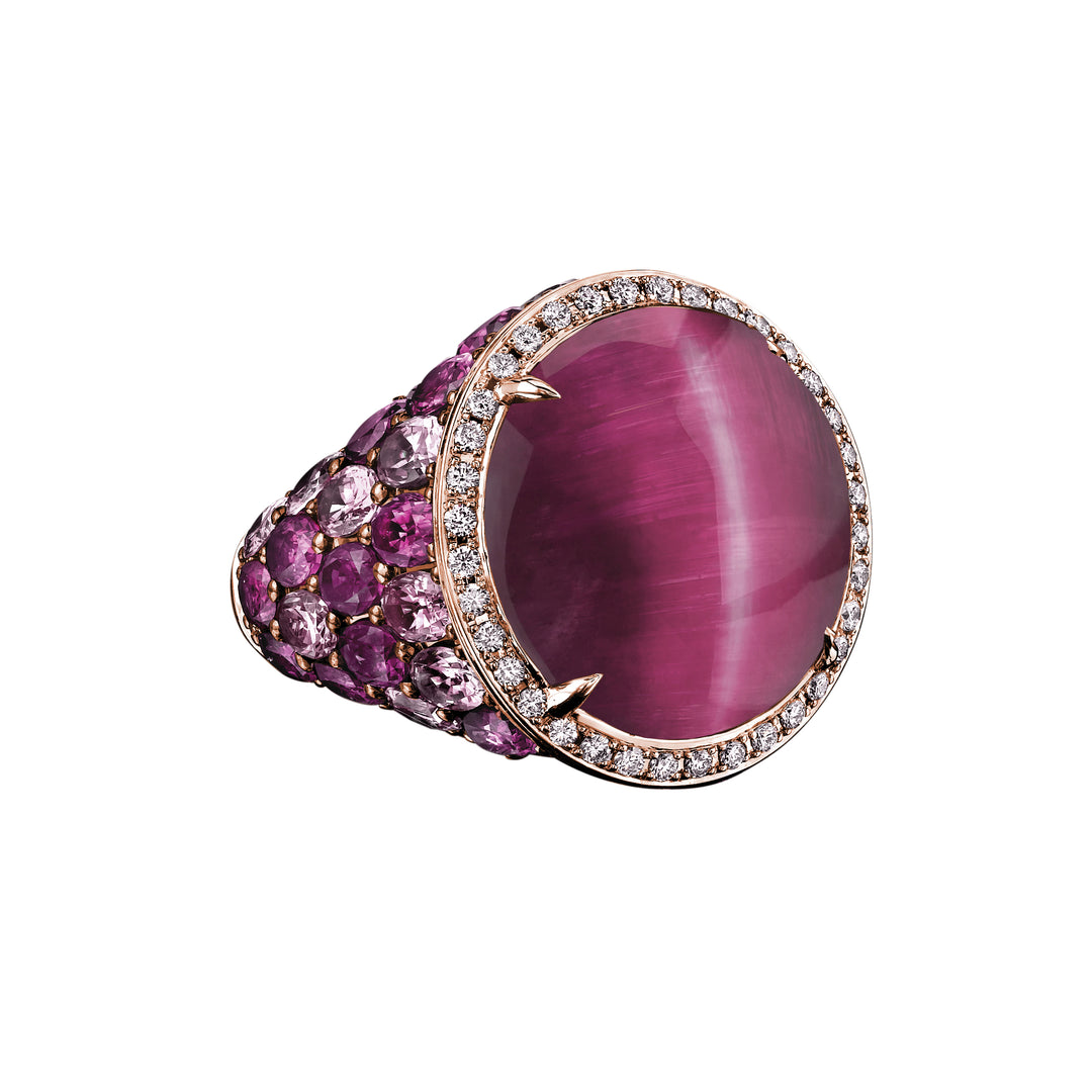 Robert Procop 18k Rose Gold 13.98ct Oval Rubellite Cat’s Eye Celebration Ring 4.88ct tw Pink Sapphire (32) 2.12 tw Ruby (13) 0.30 ct tw Diamond (34)