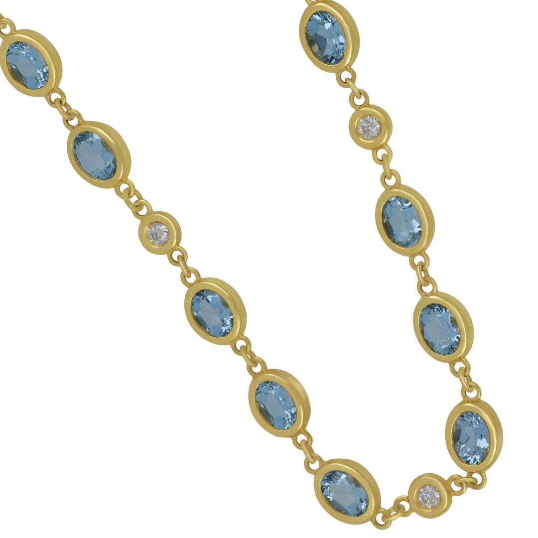 Erica Courtney 18k Yellow Gold Necklace with 24 Oval Aquamarine =17.46TW 7-BEZ SET D=.75TW HRT CLSP D=.25TW NK