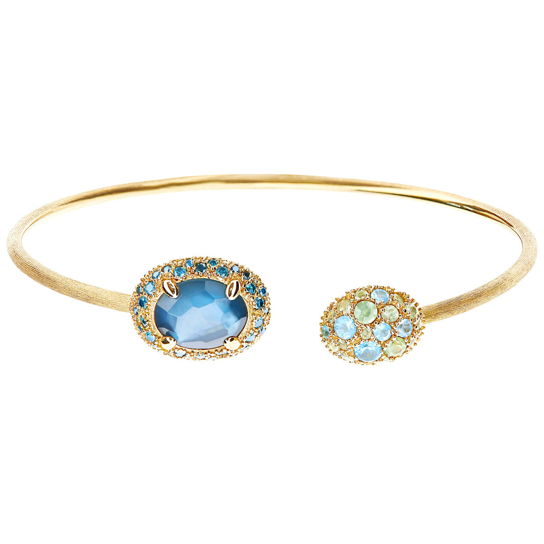 "Reverse" 18K Gold Bangle with Blue Diamonds, Sapphires & Topaz