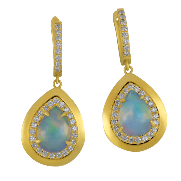 18k Yellow Gold Frame and Diamond Halo Pear Opal Earrings (2PS OPLS= 2.82TW 60D=0.71 TW GH/SI ER)