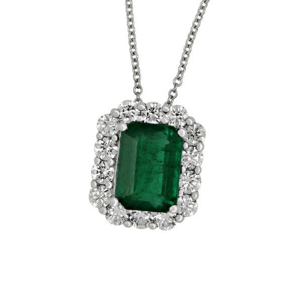 18k White Gold 18" Emerald with Diamond Halo Necklace, Em=2.60ct, 14Dias=1.02tw GH/SI