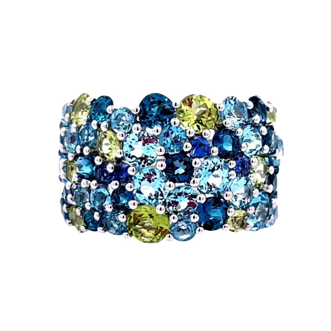 14k white gold
9 peridot = 1.40cts.
13 London Blue Topaz = 1.90cts.
21 blue Topaz = 2.80cts.
4 blue sapphires = 0.26ct.