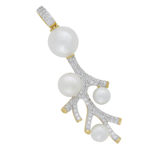 14k Yellow Gold Coral Pendant with Freshwater Pearls & Diamonds, D=.27tw