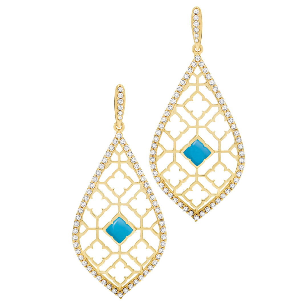 14k Yellow Gold Teardrop Shape Earrings inlaid with Sleeping Beauty Turquoise surrounded by 1.13 tct of Pave' Diamonds
