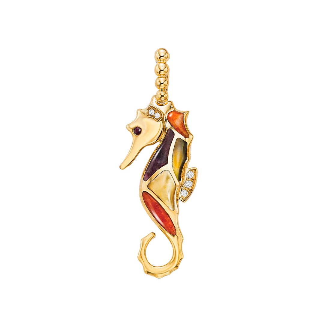 14k Yellow Gold seahorse pendant inlaid with spiny oyster and mother of pearl accented with .02 tcw of diamonds on an 18-inch chain