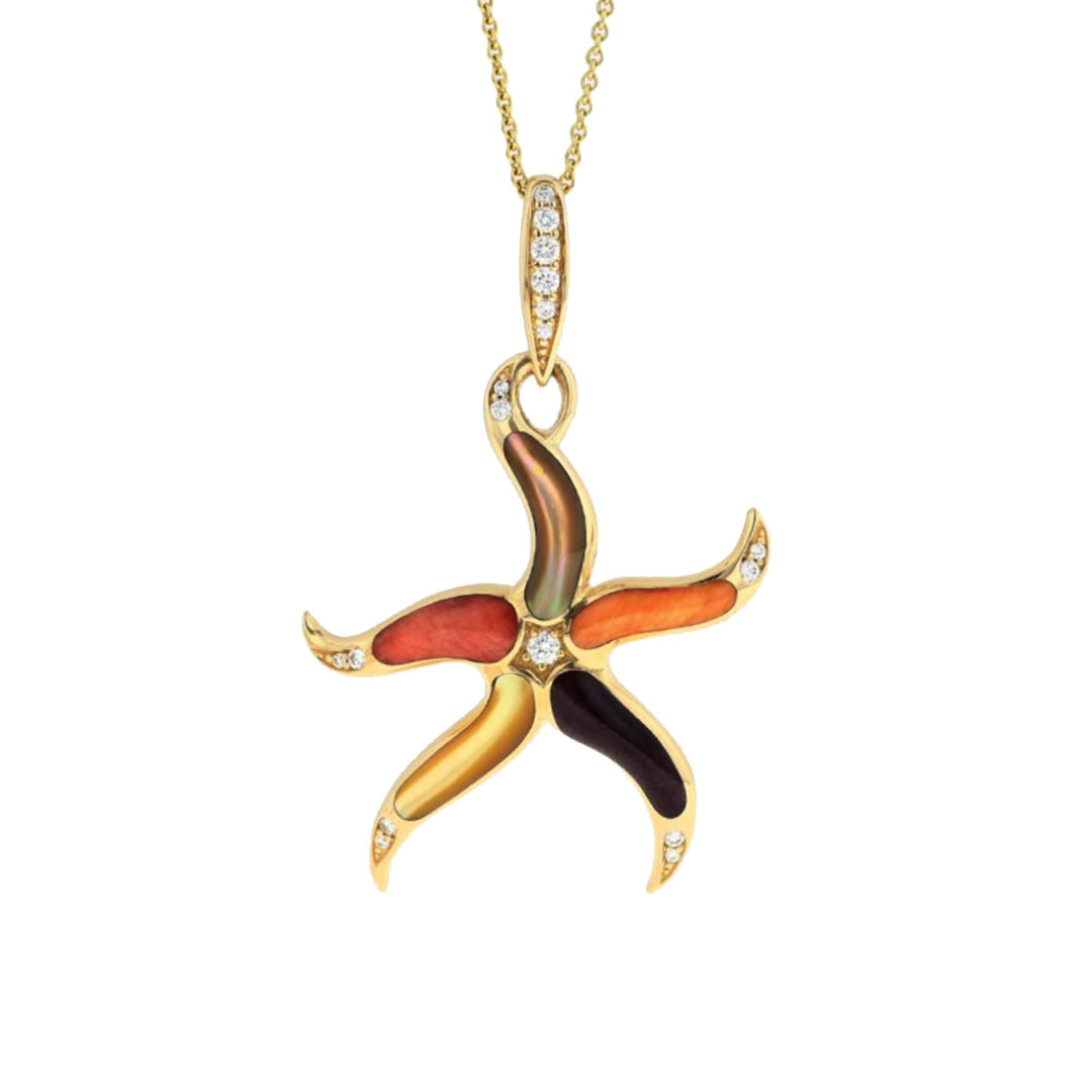 14k Yellow Gold Bronze Mother of Pearl, Orange Spiny Oyster, Purple Spiny Oyster, Red Spiny Oyster, Yellow Mother of Pearl .14TW Diamond Starfish Pendant on an 18-inch chain