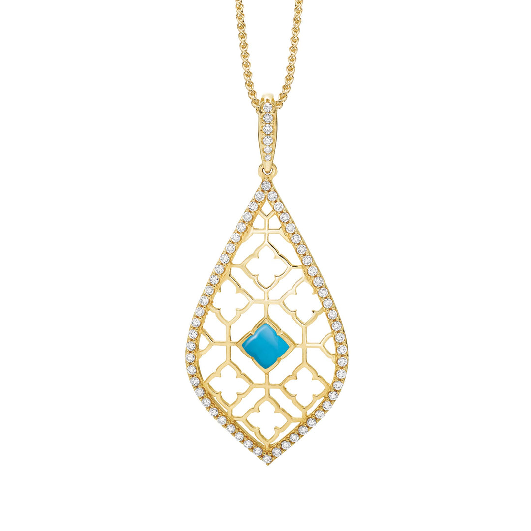 14k Yellow Gold Teardrop Shape Pendant inlaid with Sleeping Beauty Turquoise and .57 tcw Pave' Diamonds on an 18-inch chain