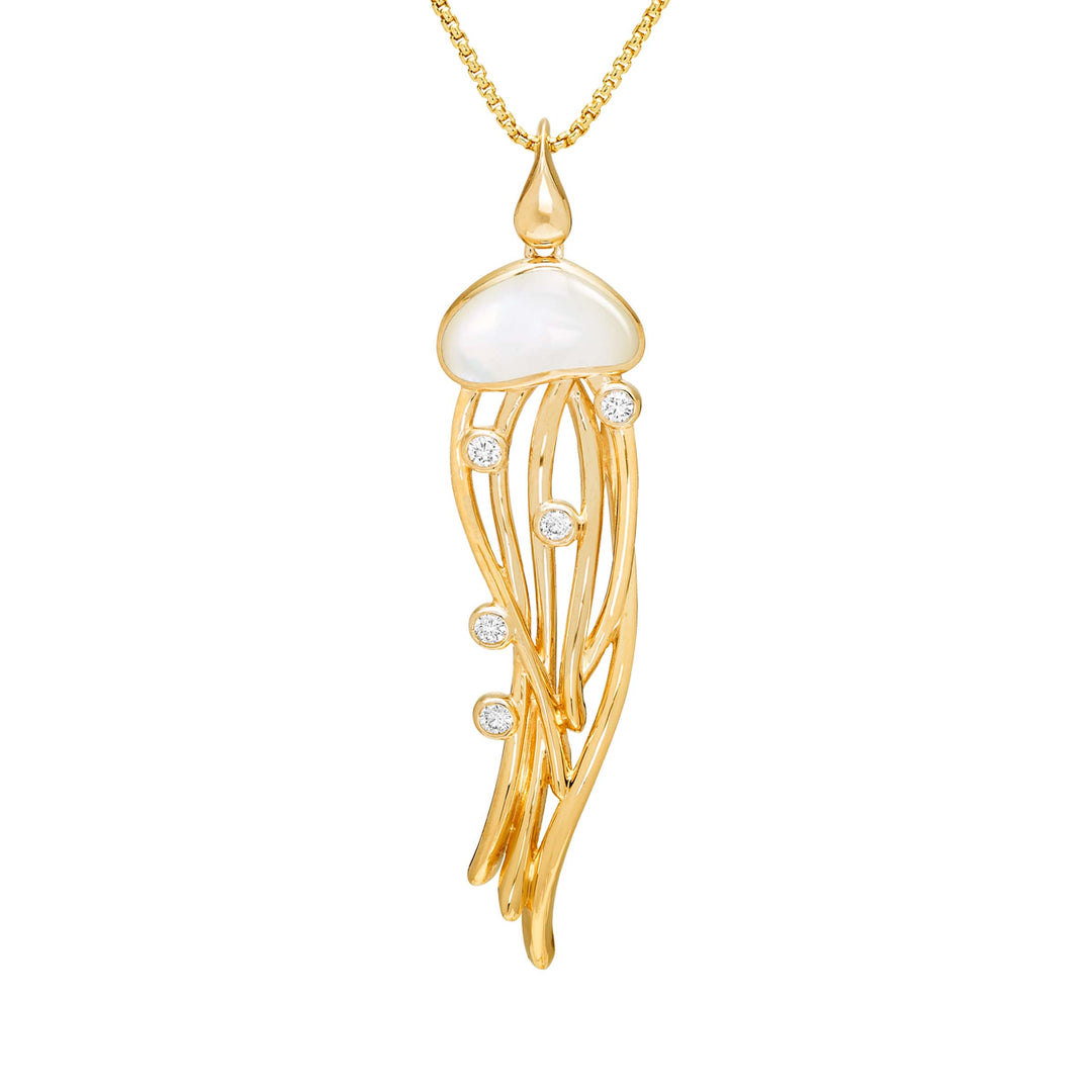14k Yellow Gold Mother of Pearl Jellyfish and .22 tcw of Diamonds on an 18-inch chain