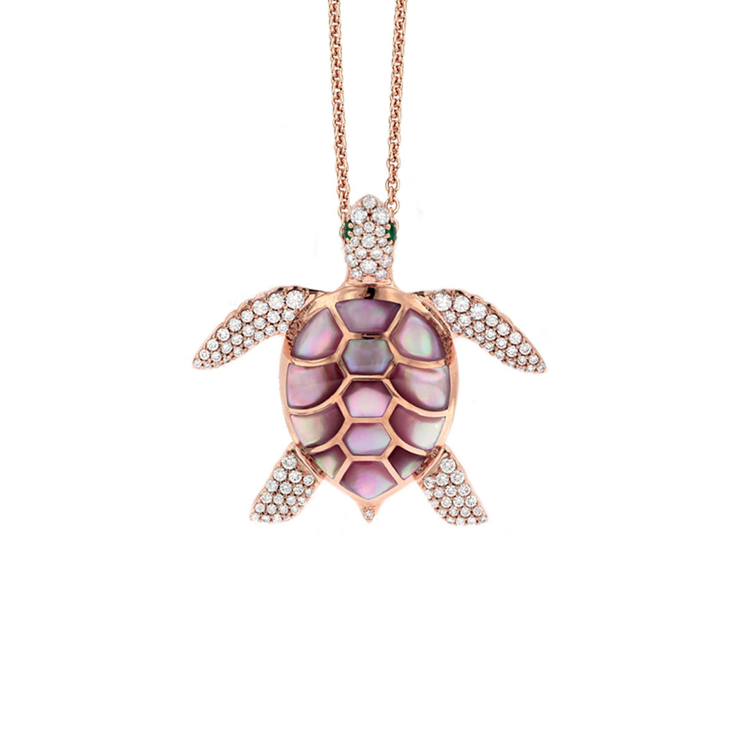14k Rose Gold Pink Mother of Pearl and Pave' Diamond Large Turtle necklace with .65tcw of diamonds on and 18-inch chain