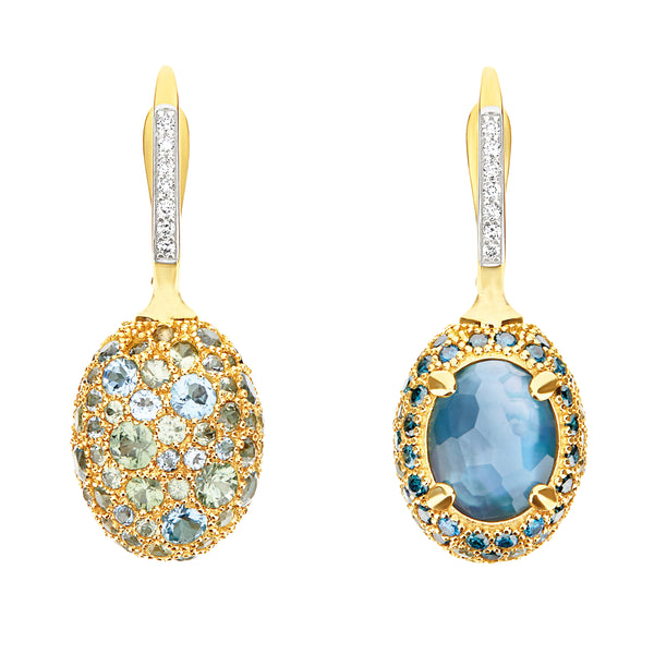 18K Yellow Gold, "Reverse" Ciliegine Gold, Blue Diamonds, Swiss Blue Topaz, Green Sapphires and London Blue Topaz Double-face Ball Drop Earrings DIAMONDS:
- Weight (total): 0.08 CT
- Clarity: VS
- Color: G
- Cut: round
Natural stones:
- BLUE DIAMOND W...