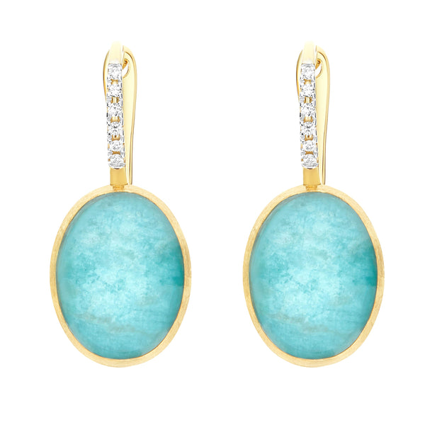 18k Yellow Gold crystal and amazonite doublette (Earring size= 11.50 mm x 27.50 mm) (D=0.07) (Amazonite TW= 8 CT)
