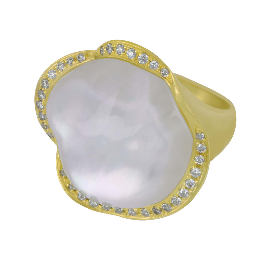 14k Yellow Gold White Topaz Mother of Pearl Ring (MOP=25.94 TW D=0.29TW GH/SI1) Size 6.5