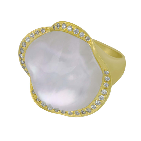 14k Yellow Gold White Topaz Mother of Pearl Ring (MOP=25.94 TW D=0.29TW GH/SI1) Size 6.5