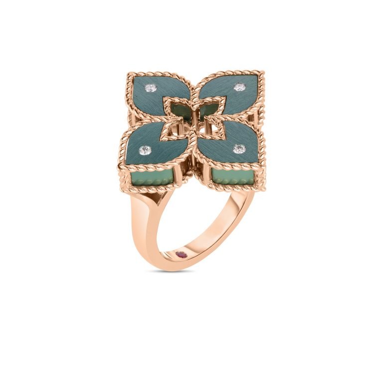 Roberto Coin 18k Rose Gold Venetian Princess Green Titanium & Diamond Ring Size 6.5