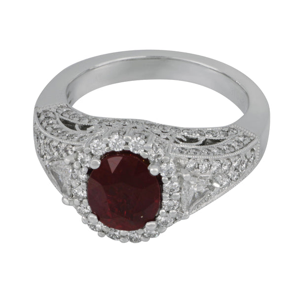 Jye's Platinum Oval Myanmar Ruby Ring (R=2.02CT TRILL=.26TW D=.88TW F/VVS)