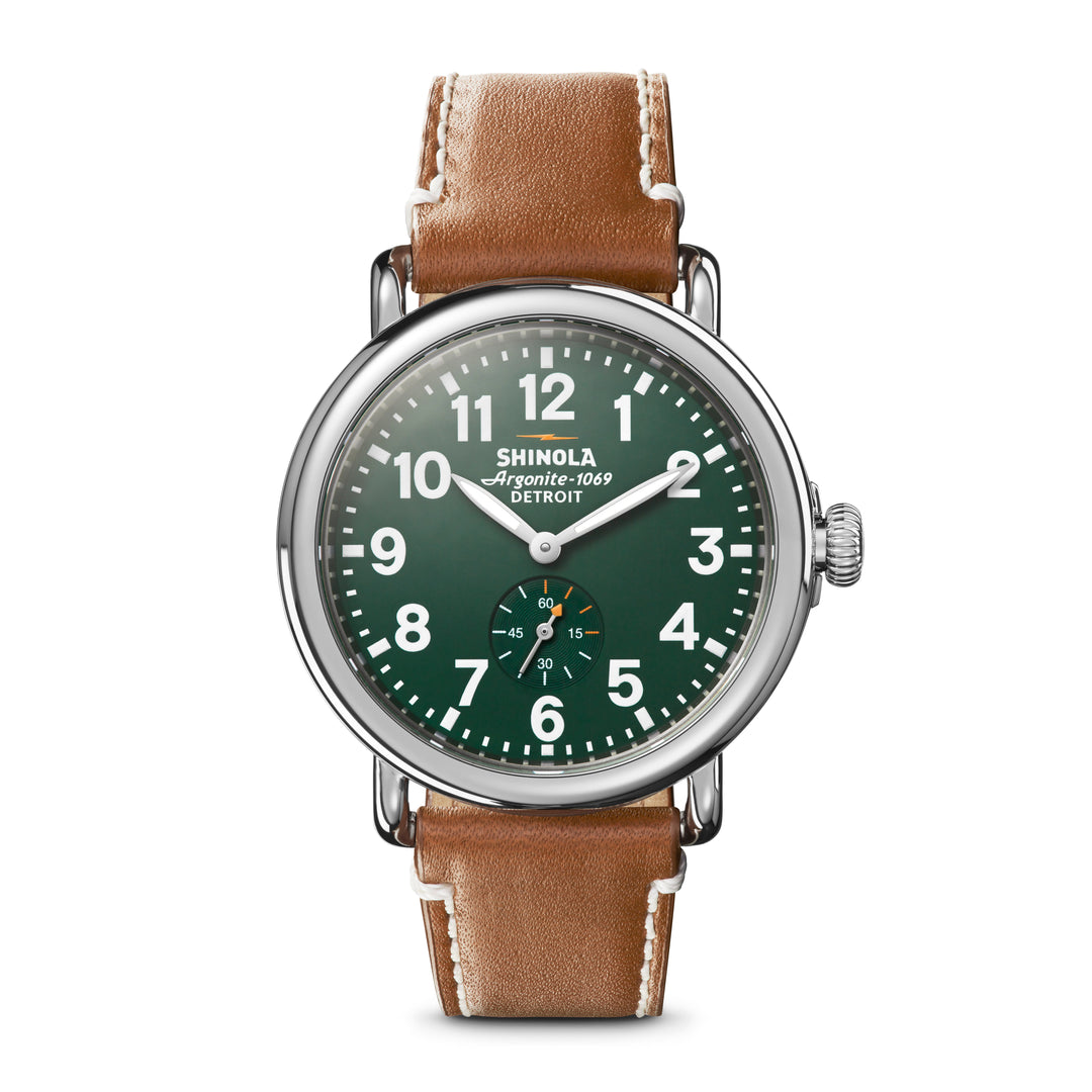 Shinola Stainless Steel 41mm Green Dial and Stainless Steel Case Runwell Watch with Tan Leather Strap