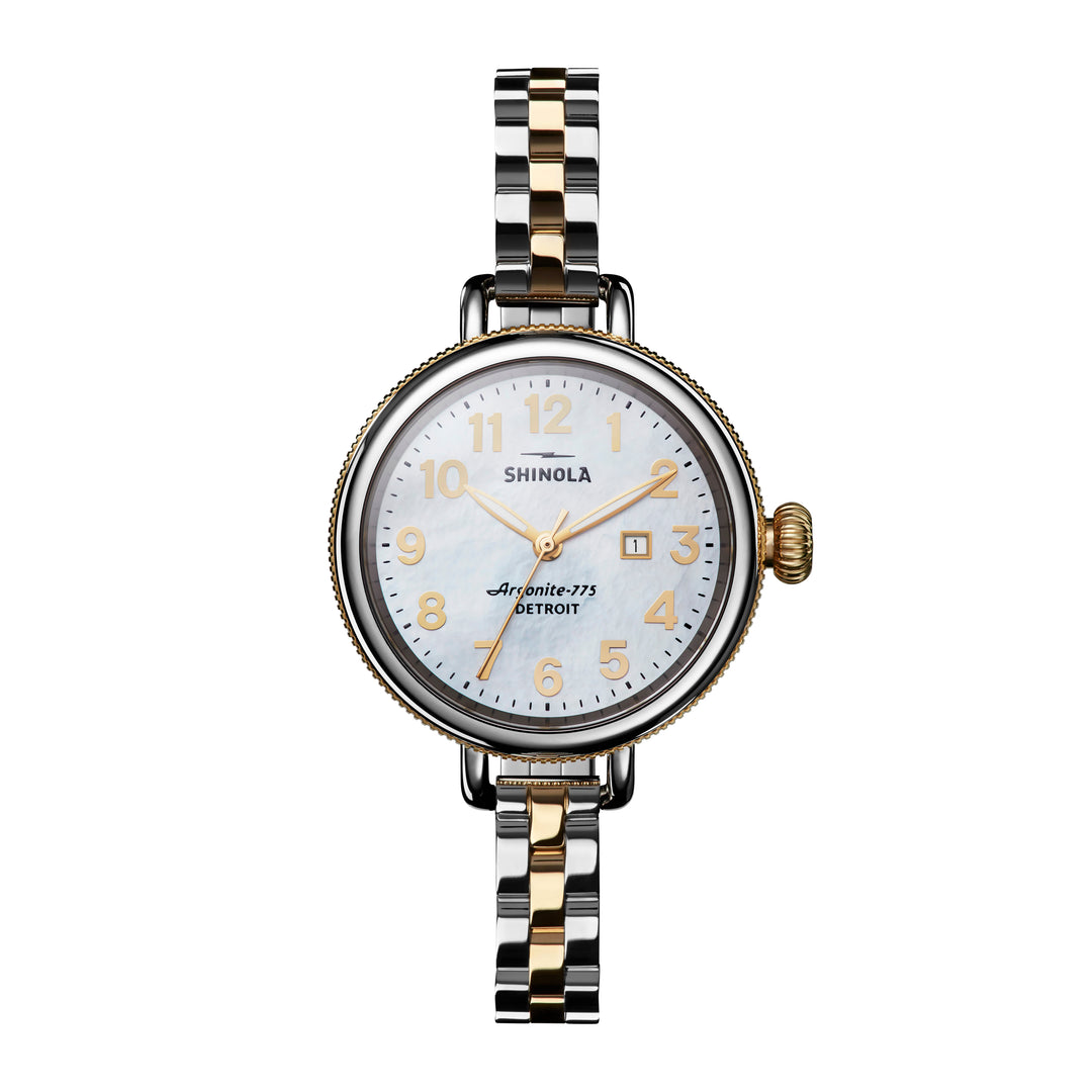 Shinola Stainless Steel 34mm Mother of Pearl Dial and Stainless Steel Case Birdy Watch with Two Tone Bracelet