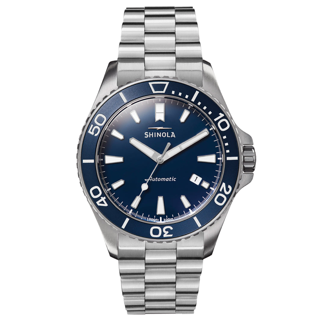 43mm Shinola Lake Michigan Blue Monster Automatic watch with Polished and Brushed Stainless Steel Bracelet