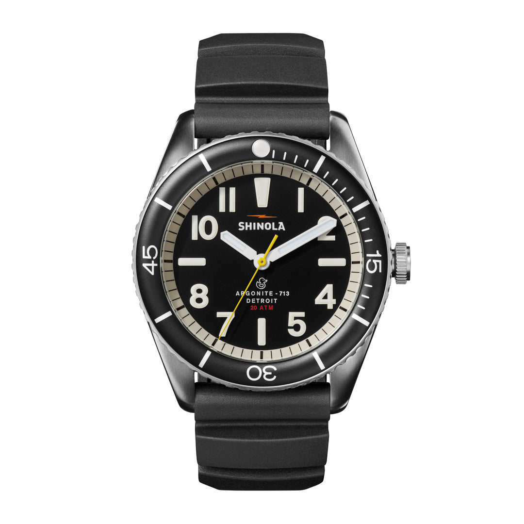 Shinola Stainless Steel 42mm Black Dial and Bezel Duck Watch with Black Rubber Strap