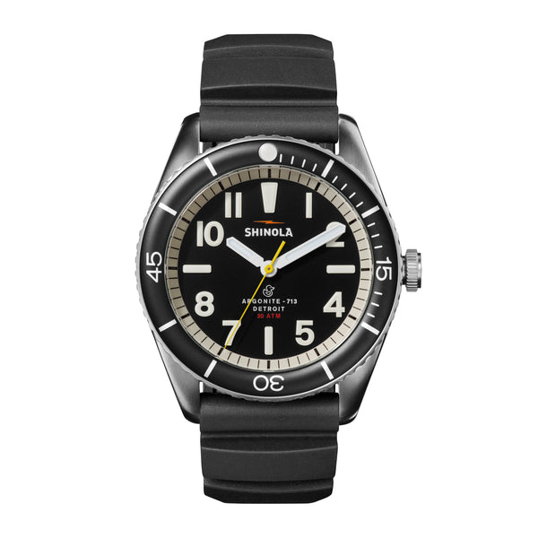 Shinola Stainless Steel 42mm Black Dial and Bezel Duck Watch with Black Rubber Strap