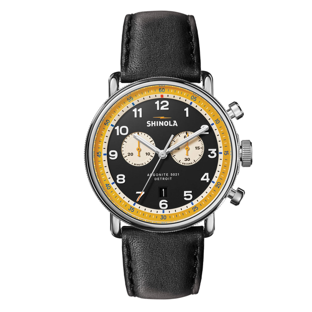 43mm Shinola Canfield Chrono Model with Black and Yellow Dial and Black Leather Strap