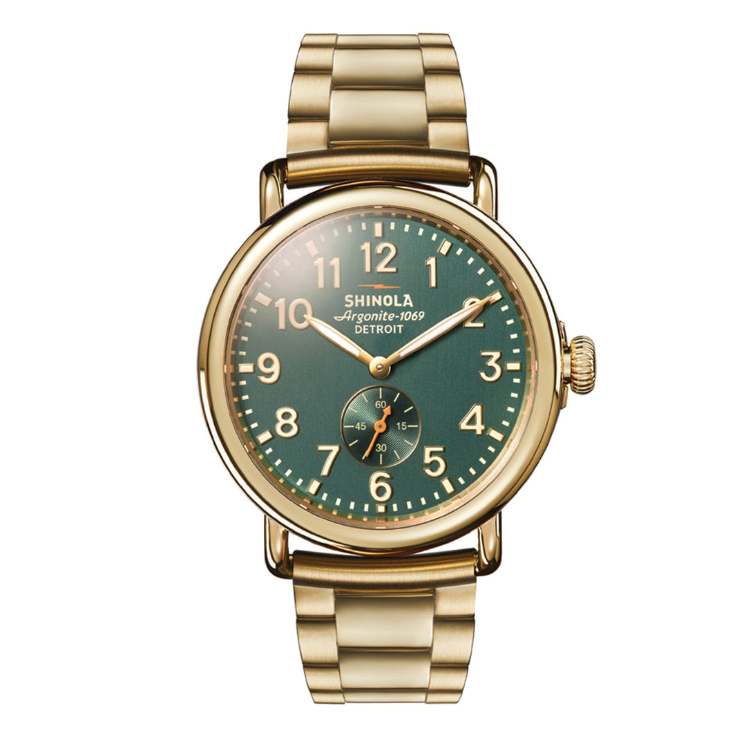 41mm Shinola Runwell Watch with Deep Teal Dial and Gold Bracelet