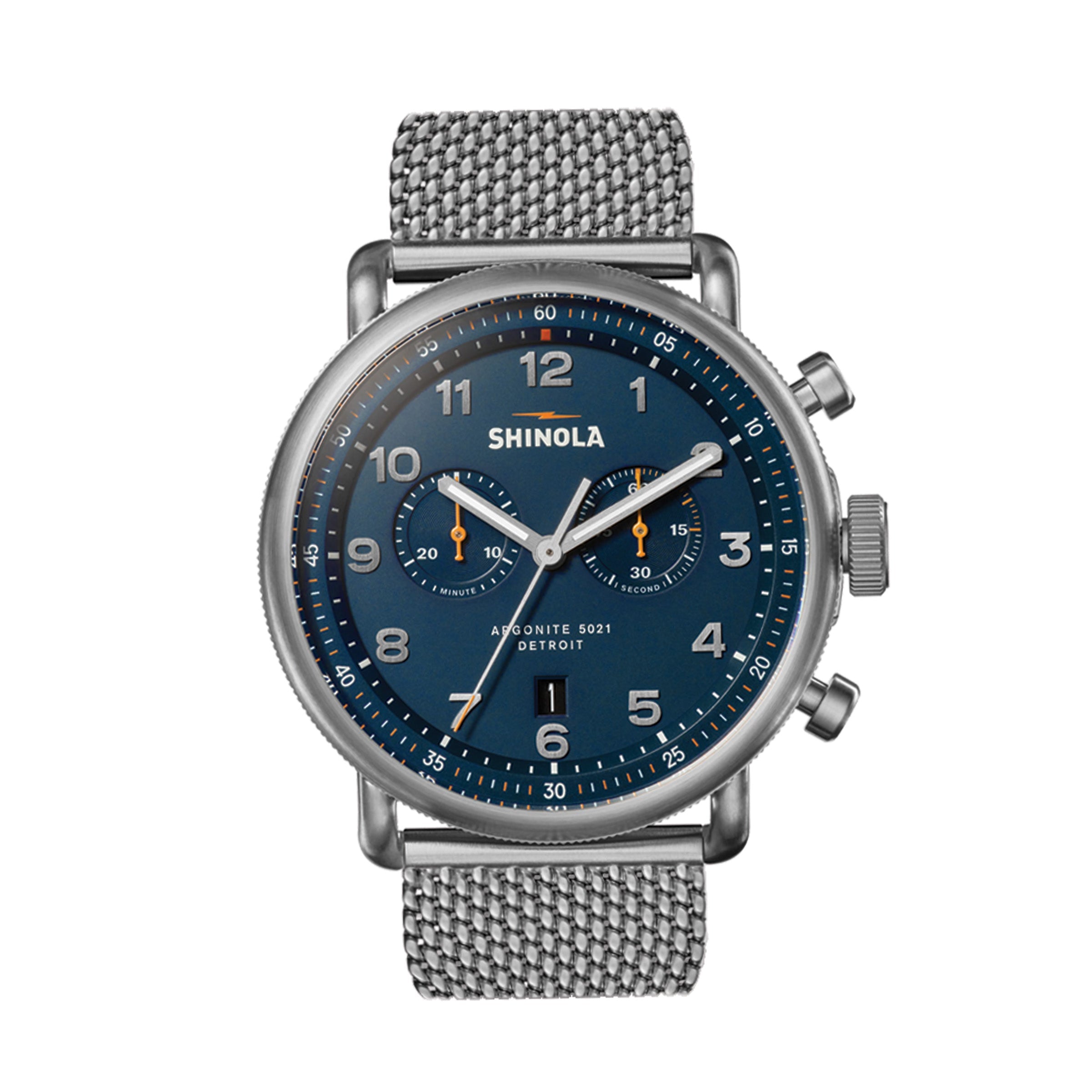 43mm Shinola Canfield Chrono Model with Continental Blue Dial and