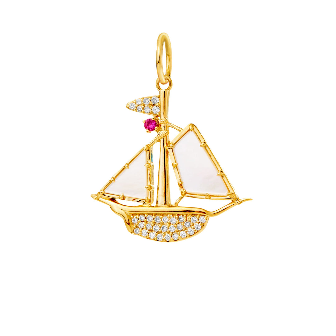 18k Yellow Gold Mother of Pearl Sailboat Pendant (RU=.04CT CH DIA =.19TW)