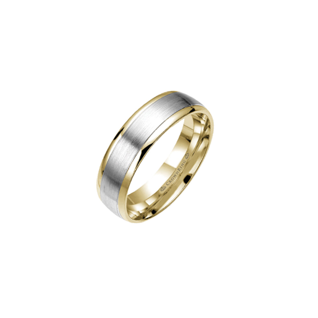 14k Yellow and White Gold two tone 6mm band with Brushed Finish with high shine yellow gold edge wedding band