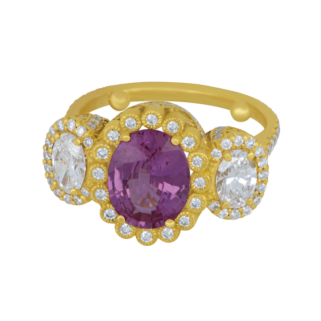 18k Yellow Gold Pink Sapphire and Diamond Halo Ring (SAPH UNHEATED=2.76TW 138D=2.01TW HALO RG)