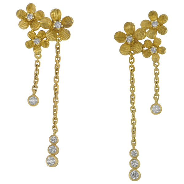 18k Yellow Gold Triple Flower Satin Dangle Earring with Monster Back DI=0.36TW