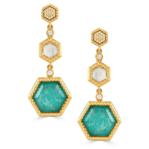 Doves 18K Yellow Gold & Diamond Dangle Earrings, Clear Quartz over Amazonite and Mother of Pearl