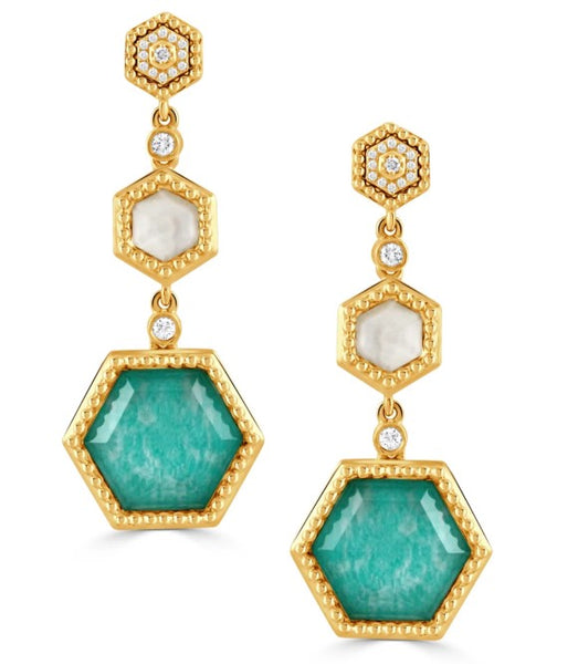Doves 18K Yellow Gold & Diamond Dangle Earrings, Clear Quartz over Amazonite and Mother of Pearl
