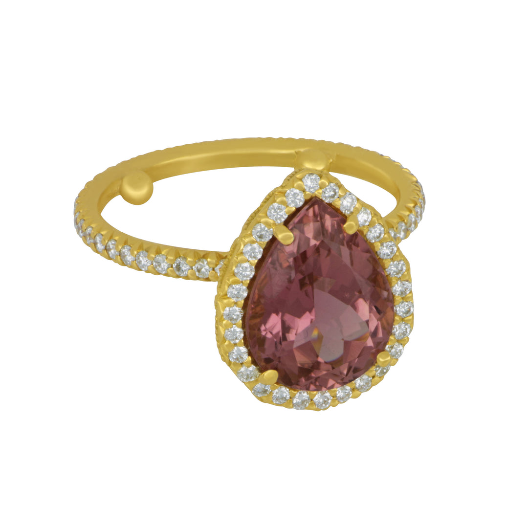Erica Courtney 18k Yellow Gold Pear shaped Pink Tourmaline and Diamond Halo Ring (PINK TOUR=3.78TW DIA HALO ET RG)