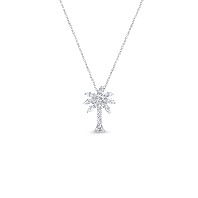 Roberto Coin 18 karat white gold Tiny Treasures large diamond palm tree pendant on chain, D=0.54tw