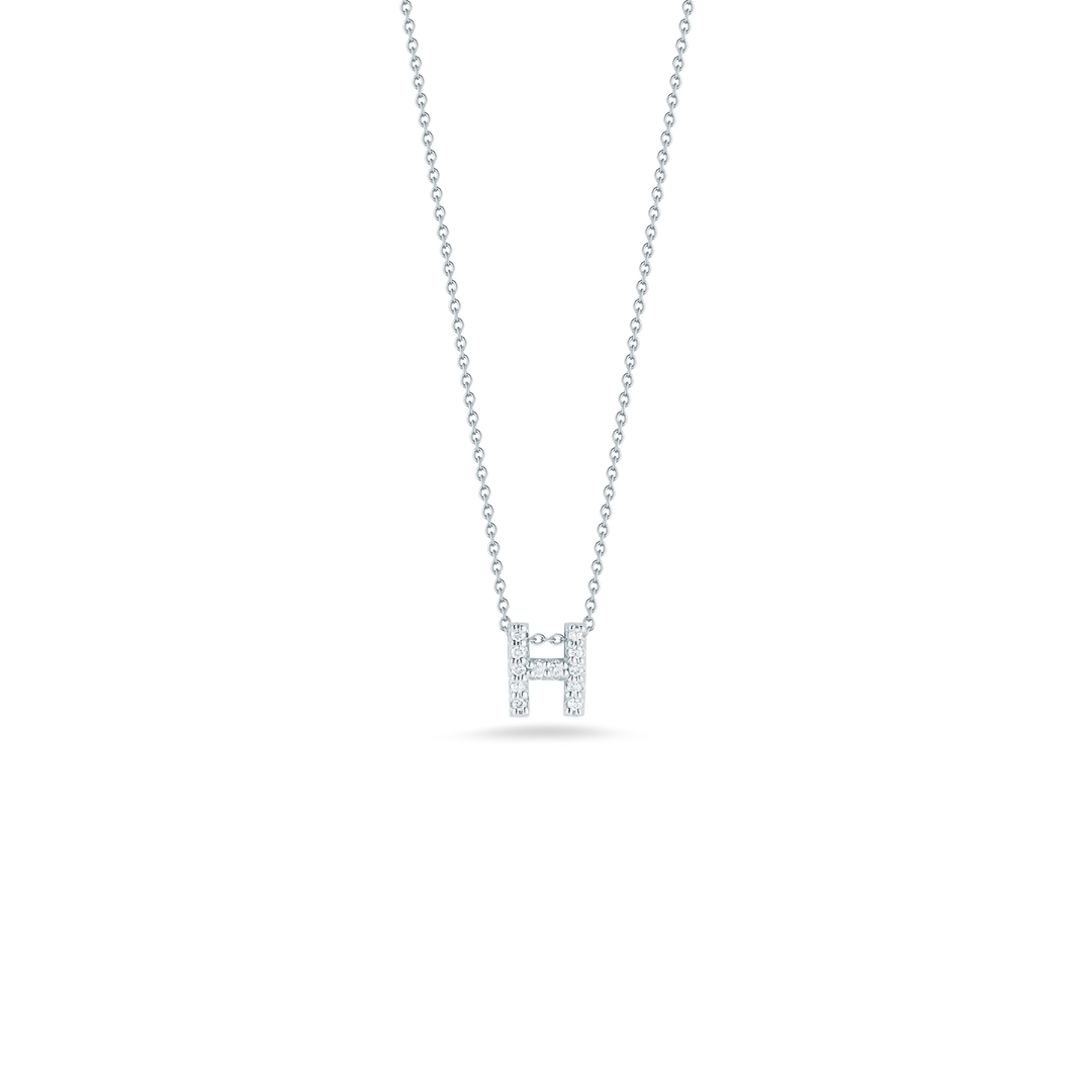 Roberto Coin 18k White Gold Tiny Treasures Diamond Block Love Letter "H" Pendant 16-18" Adjustable Chain (D=.06)