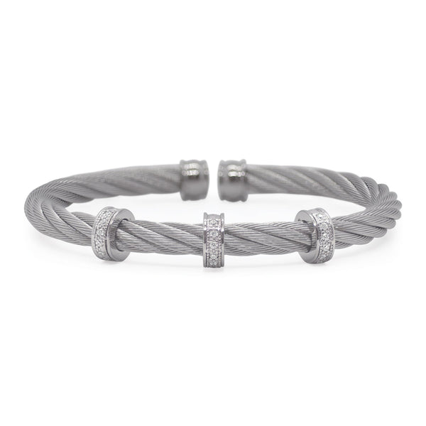 Alor 6.25" Grey Stainless Steel Cable and 18 Karat White Gold and Diamond Triple Barrel Cuff, Dia=.15tw