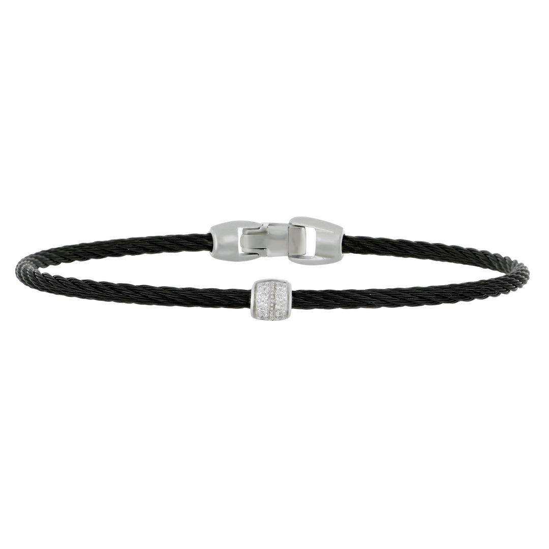 Alor Black Stainless Steel and 18 karat White Gold 1 Pave Diamond Barrel Station Bangle size 7, D=0.07tw GH/SI1