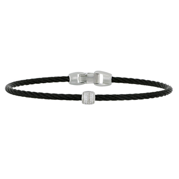 Alor Black Stainless Steel and 18 karat White Gold 1 Pave Diamond Barrel Station Bangle size 7, D=0.07tw GH/SI1