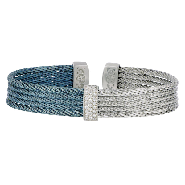 Alor Caribean Blue and Grey Stainless Steel 18 karat White Gold 5 row Duo Mini Cuff Bracelet size 6.25, D=0.19tw GH/SI1