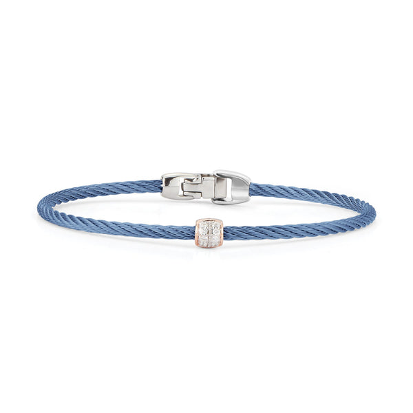 Alor 7" Caribbean Blue Stainless Steel Cable Bracelet with 18k Rose Gold and Diamond Bracelet, Dia=.07tw